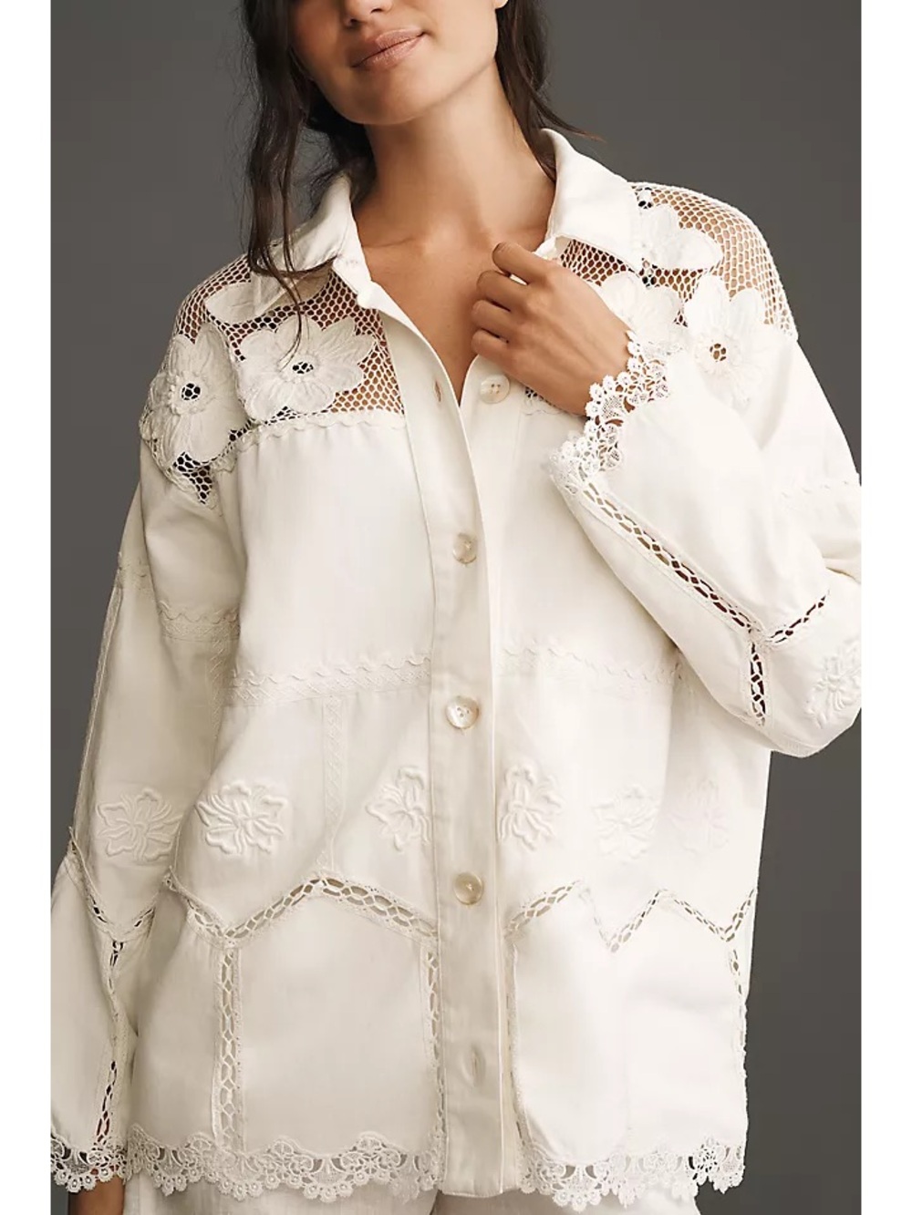 NWT Anthropologie Crochet Scallop-Hem Shirt Jacket in Ivory White